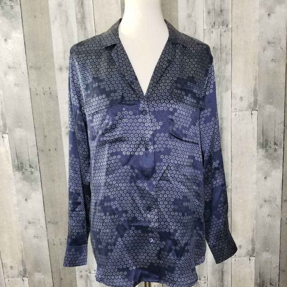 Equipment  Large Blue & Silver Silk Blouse Shirt
